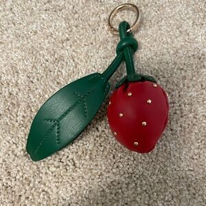 NWOT Melie Bianco Red Leather Strawberry Bag Charm/Keychain with Green Leaf